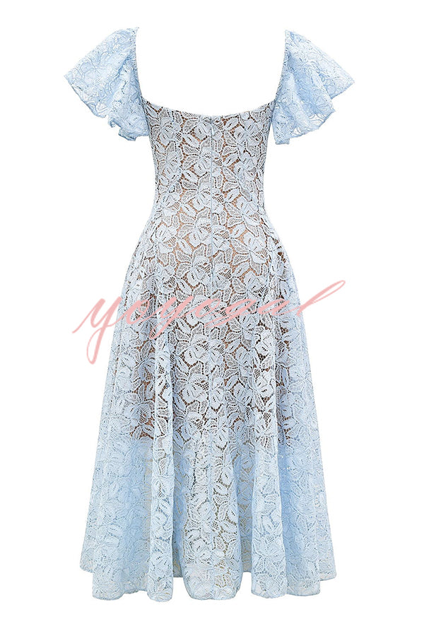 Romantic Atmosphere Bluebell Lace Butterfly Sleeve Sweetheart Neck Stretch Midi Dress