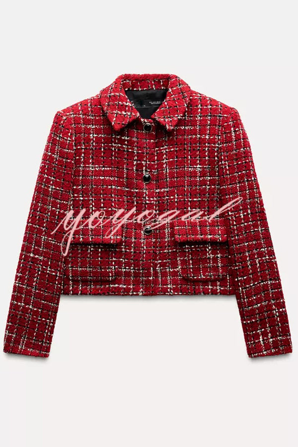 Tweed Plaid Textured Long-sleeved Casual Pocket Jacket