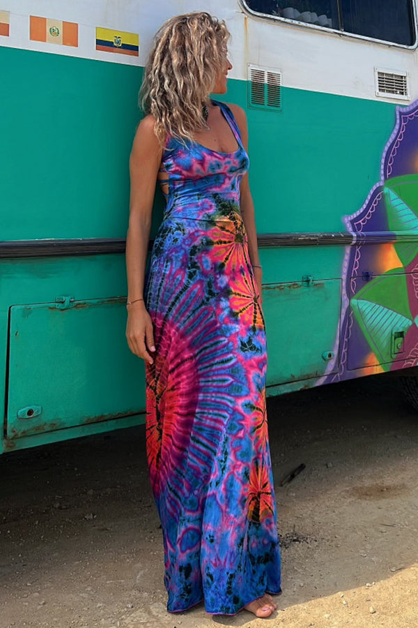 La Bamba Tie-dye Print Back Lace-up Stretch Maxi Dress