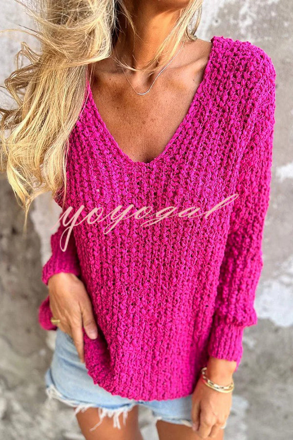 Solid Color V-neck Long-sleeved Loose Knitted Sweater