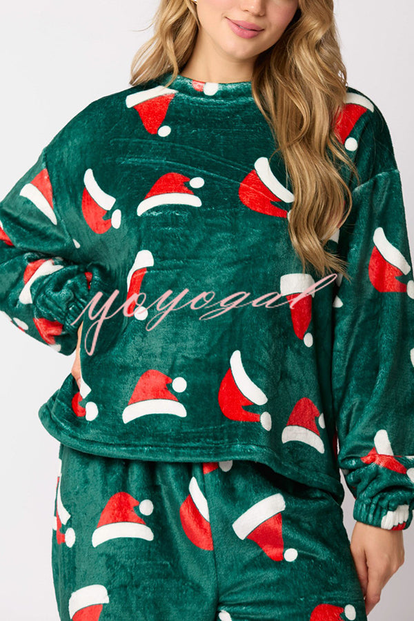 Christmas Printed Crew Neck Long Sleeve Top and Elastic Waist Loose Pants Set