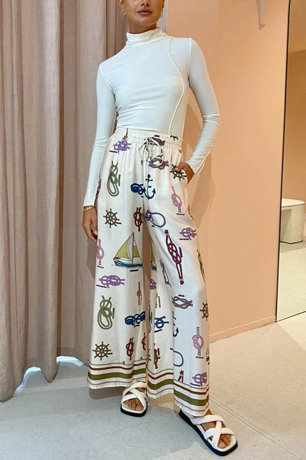 Sail Away Satin Unique Nautical Motifs Print Elastic Waist Pocketed Wide Leg Pants