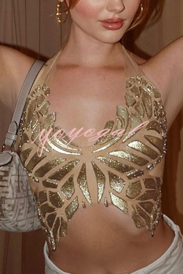 Timeless Beauty Gold Metallic Butterfly Back Lace-up Halter Tank