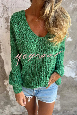 Solid Color V-neck Long-sleeved Loose Knitted Sweater