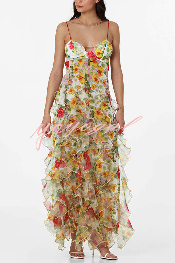 Sunrise Goddess Chiffon Roses Print Ruffles Tiered Trim Maxi Dress