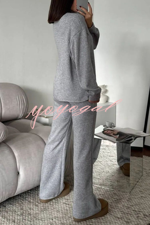 Solid Color Casual Knitted High Neck Long Sleeve Top and Elastic Waist Loose Pants Set