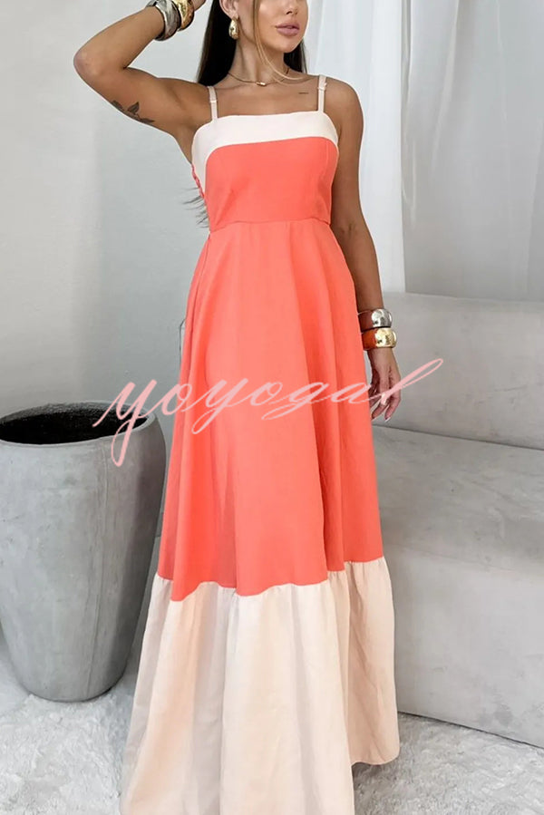 Fashionable Contrast Color Stitching Sling Maxi Dress