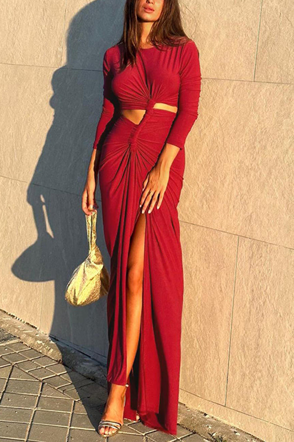 Solid Color Round Neck Long Sleeve Sexy Exposed Waist Slit Maxi Dress