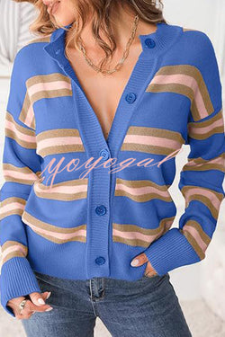 Colorblock Striped Knitted Long-sleeve Cardigan