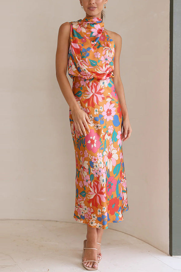 Fascinating Day Floral Halter Neck Elastic Waist Maxi Dress