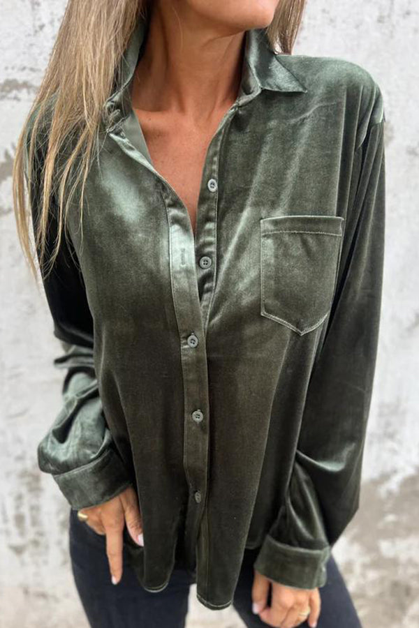 Solid Velvet Long-sleeved Single-breasted Loose Pocket Shirt