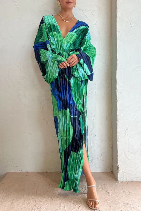 Tropical Oasis Capri Print Kimono Sleeve Pleated Cocoon Maxi Dress