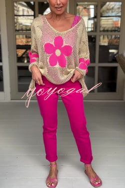 Embroidered Flower Hollow Long-sleeved Holiday Loose Knitted Top