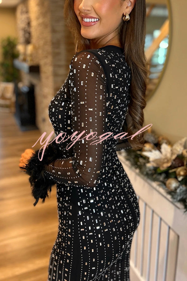 Sexy Long Sleeve Round Neck Feather Edge Rhinestone Decoration Slim Fit Maxi Dress