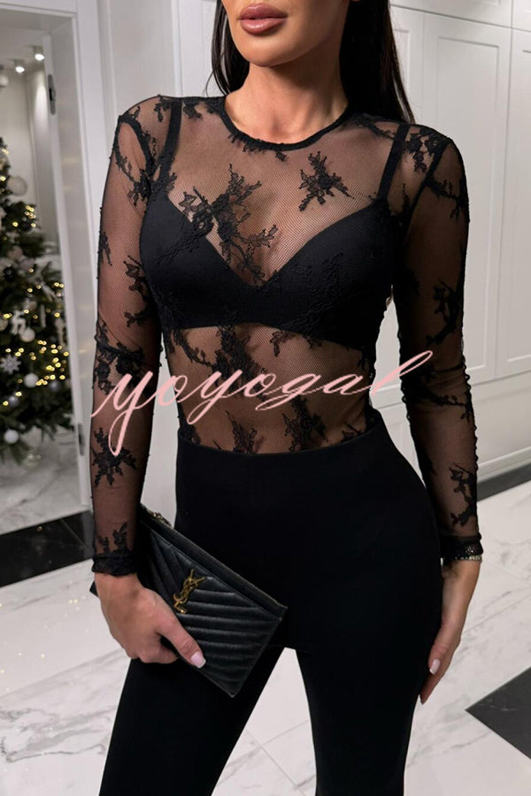 Elegant Sexy Touch Lace Mesh Long Sleeve Stretch Bodysuit