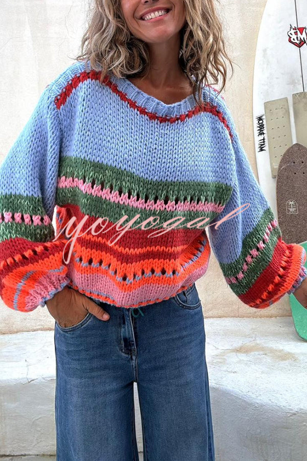 Rainbow Mood Multicolor Round Neck Hollow Long Sleeve Knitted Sweater