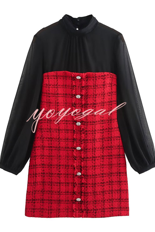 Festive Elegance Tulle Plaid Tweed Patchwork Balloon Sleeve Mini Dress