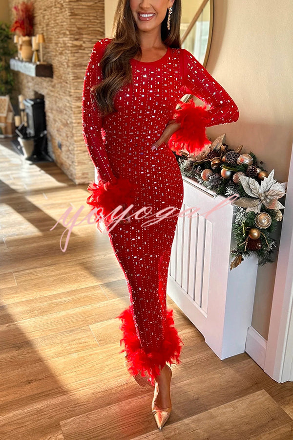 Sexy Long Sleeve Round Neck Feather Edge Rhinestone Decoration Slim Fit Maxi Dress