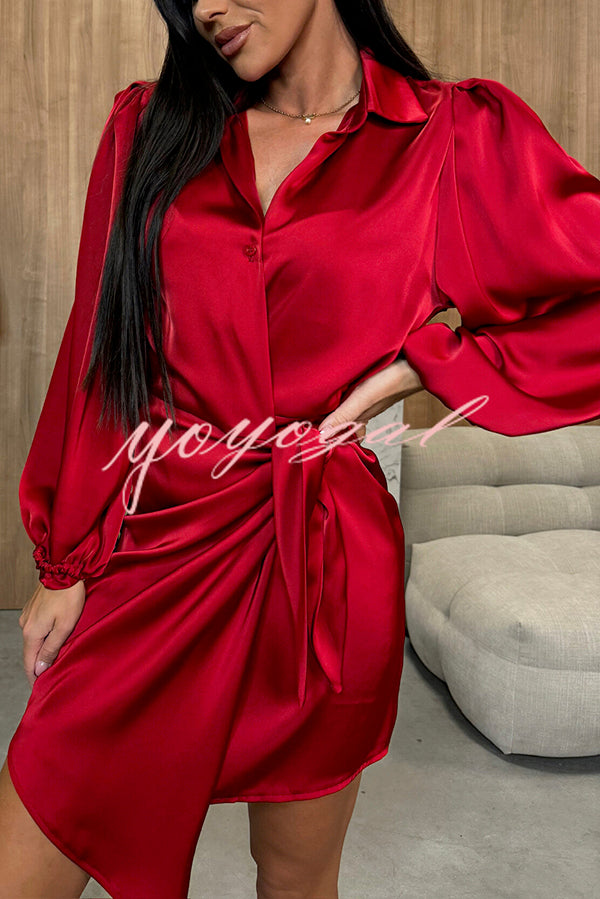 Solid Satin Long Sleeve Tie Waist Irregular Mini Dress