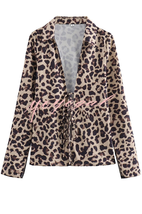 Edith Leopard Print Front Lace-up Long Sleeve Loose Blouse