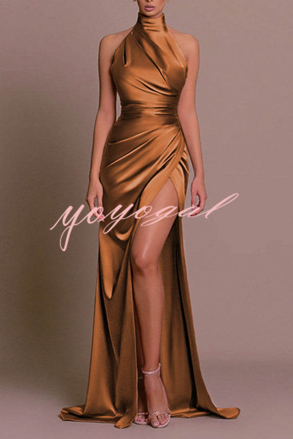 Satin Sexy Halter Neck Sleeveless High Slit Slim Maxi Dress