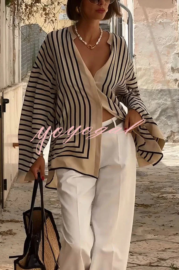 Comfortable and Effortless Striped Long Slit Sleeve Button Relaxed Loose Blouse