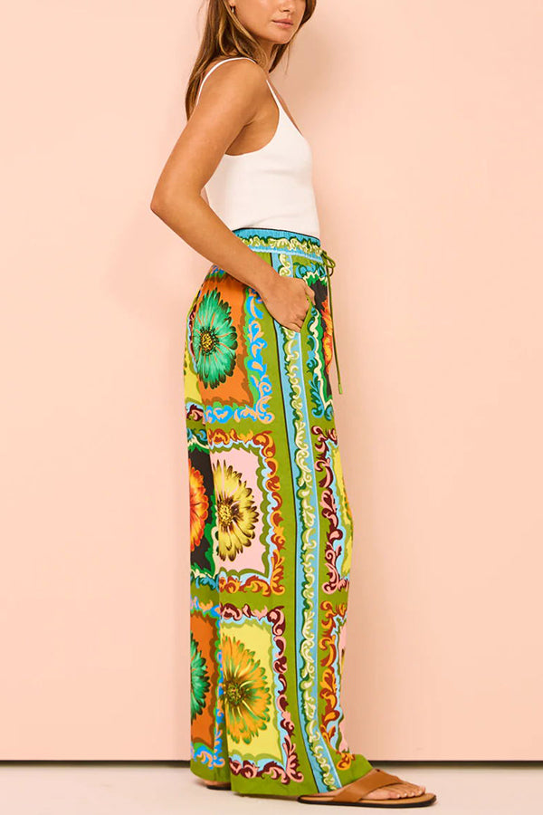 Disco Daisy Unique Print Colorblock Elastic Waist Pocketed Wide Leg Pants