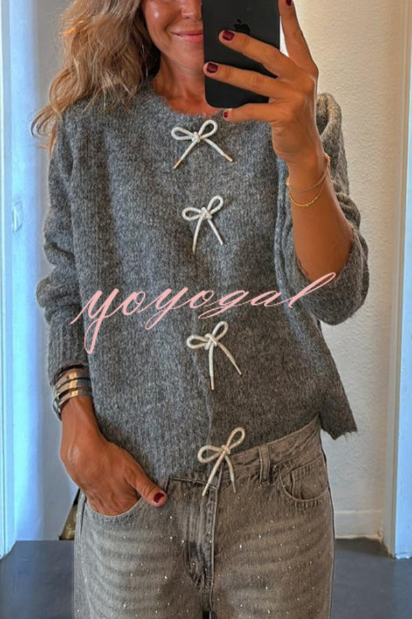 Paris Mornings Knit Front Bow Design Long Sleeve Relaxed Cardigan