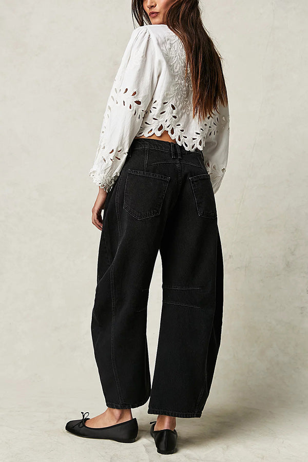 Rina Denim Mid-Rise Pocket Tapered Hem Barrel Jeans