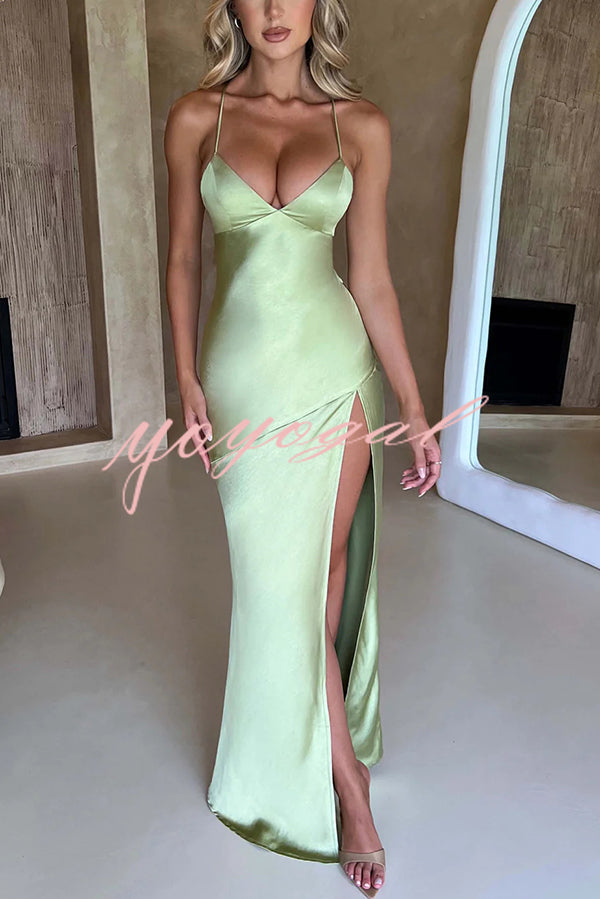 Satin Solid Color Sexy Backless Lace Up High Slit Maxi Dress