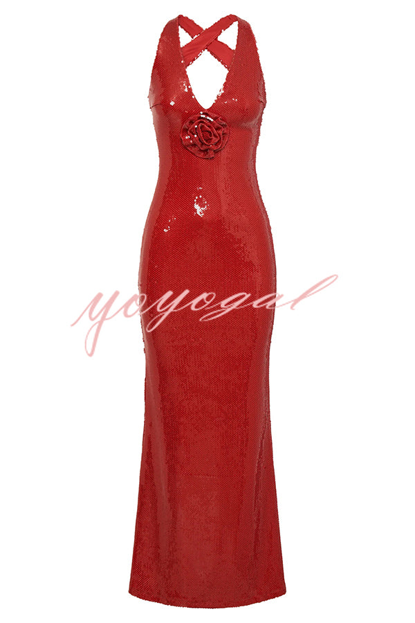 Sicilian Rose Sequin Three-dimensional Floral Sexy Backless Maxi Dress