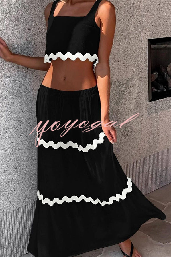 Napa Ric Rac Trims Sleeveless Crop Tank and Drawstring Elastic Waist Pocket Maxi Skirt