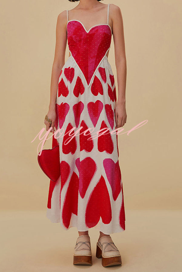 Full of Love Heart Shape Print Cutout Spaghetti Strap Backless Maxi Dress