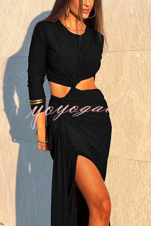 Solid Color Round Neck Long Sleeve Sexy Exposed Waist Slit Maxi Dress