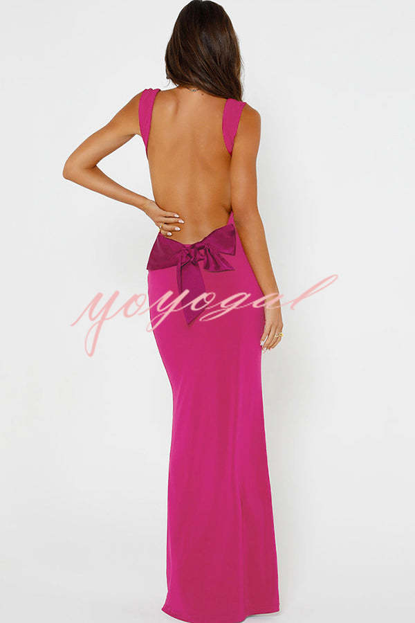 Sexy Backless Stitching Bow Slim Maxi Dress