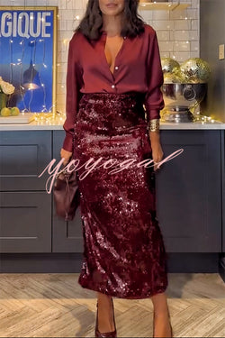 Feeling Festive Texture Sequin Elastic Waist Slit Maxi Skirt