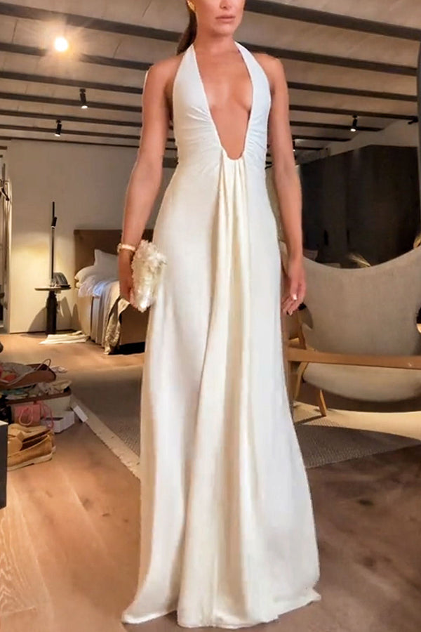 Sexy Silhouette Deep U-neck Halter Waterfall Sash Drape Maxi Dress