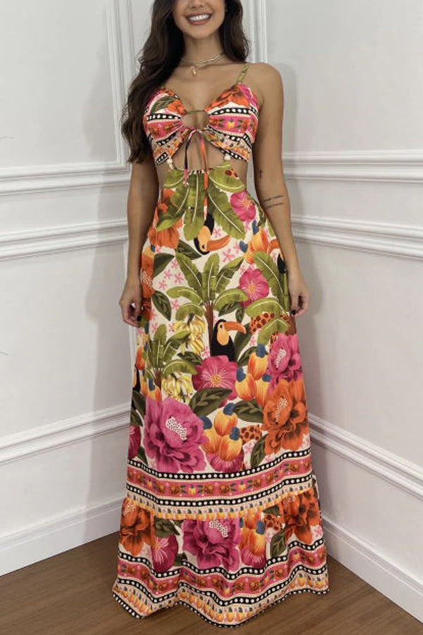 Mexico Style Tropical Print Ring Cutout Lace-up Vacation Maxi Dress