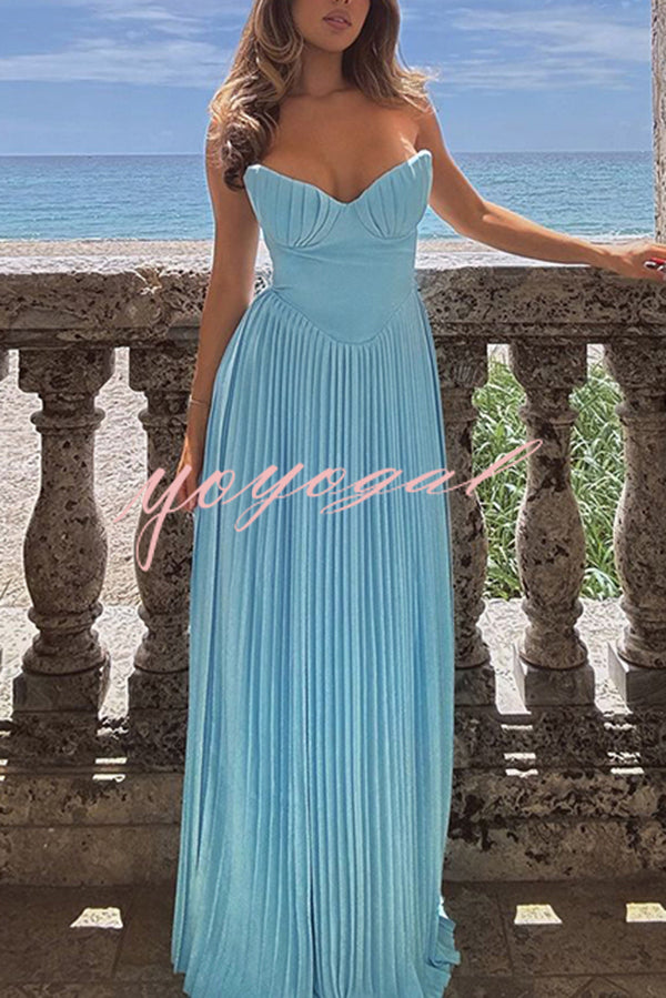 Romantic and Elegant Pleated Strapless Maxi Dress