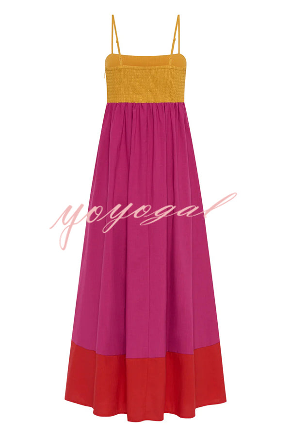 Fashion Splicing Sling Back Pleated Holiday Style Midi Dress