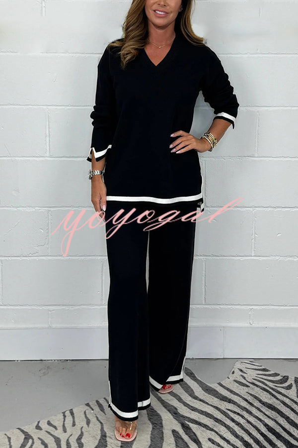 Solid Color V-neck Long-sleeved Loose Top and Elastic Waist Wide-leg Pants Set