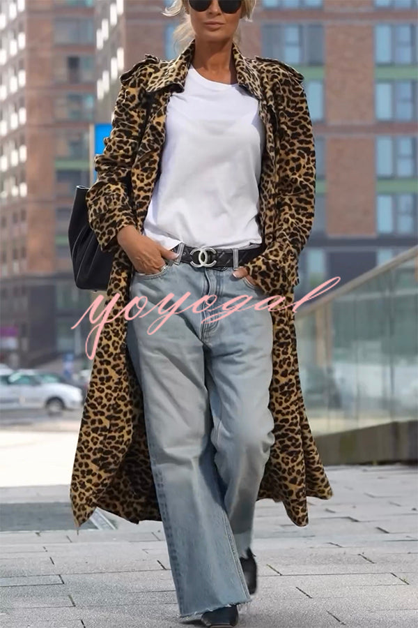 Be Free Velvet Leopard Print Long Sleeve Loose Midi Trench Coat