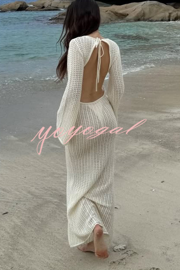 Bahamas Knit Long Bell Sleeve Sexy Backless Holiday Cover-up Maxi Dress