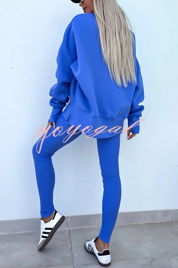 Solid Color Loose Long Sleeve SlitSweatshirt and Elastic Waist Tight Pants Set