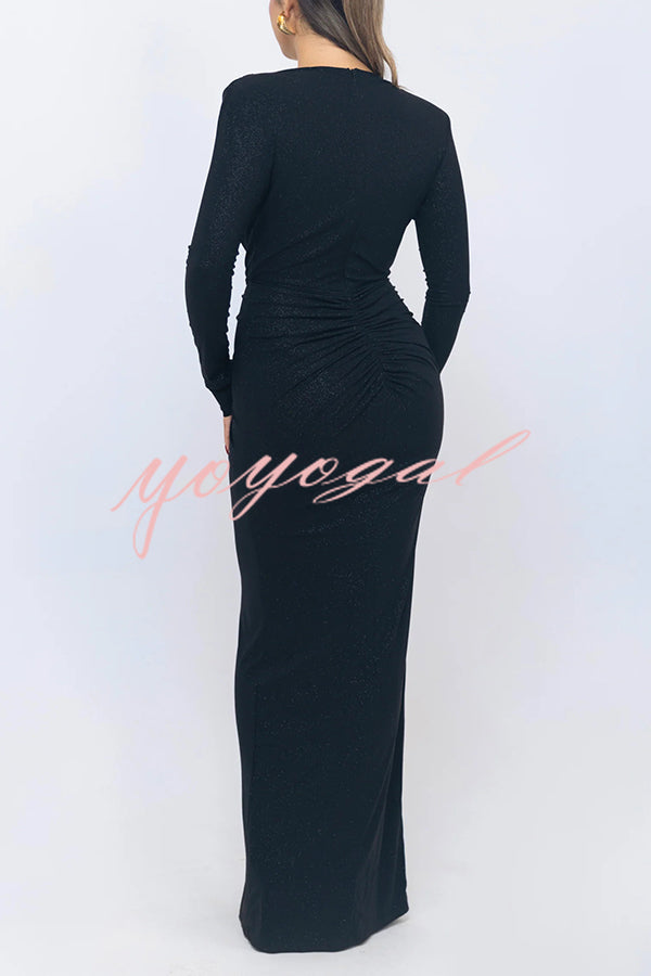 Solid Color Shiny Sexy V-neck Long Sleeve Ribbon Slit Slim Fit Maxi Dress