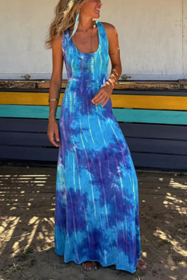 La Bamba Tie-dye Print Back Lace-up Stretch Maxi Dress