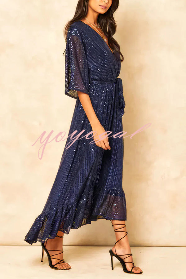 Solid Color Sequined V-neck Waist Tie Loose Maxi Dress