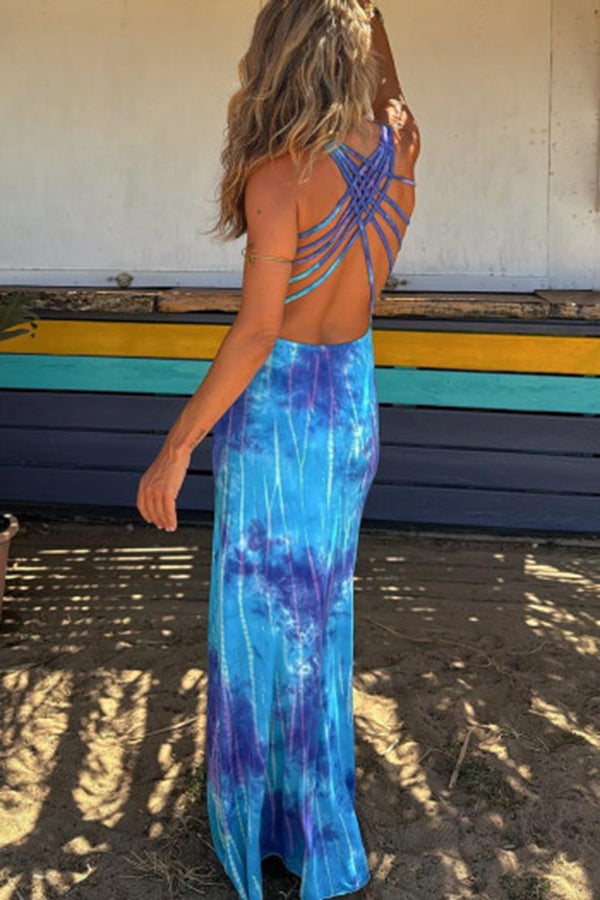 La Bamba Tie-dye Print Back Lace-up Stretch Maxi Dress