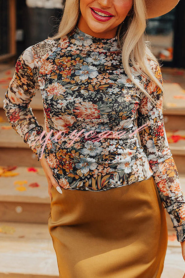 Floral Print Turtleneck Long Sleeve Stretch Bottoming Shirt