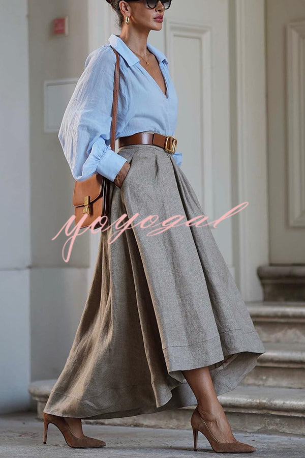 Caught A Vibe Linen Blend Back Elastic Waist Pocketed High Low Maxi Skirt